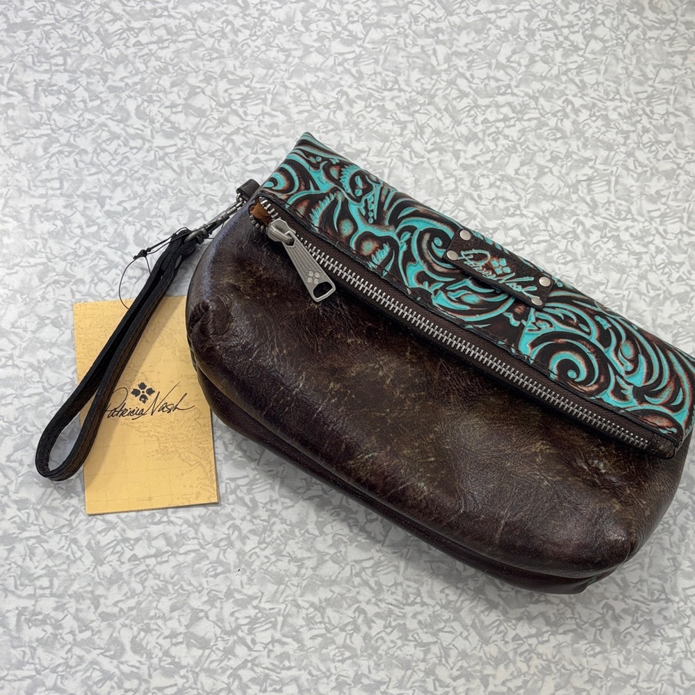 Patricia Nash Dark Brown and Turquoise Wristlet NWT tooled turquoise collection